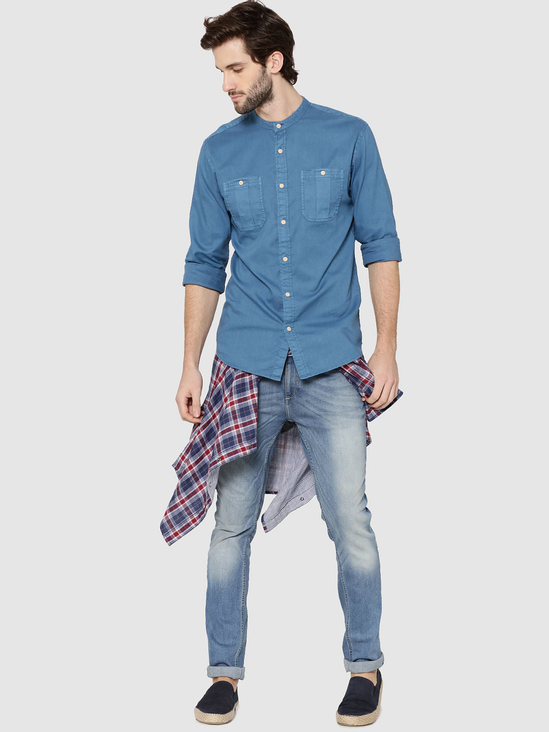Blue Mandarin Collar Full Sleeves Slim Fit Shirt