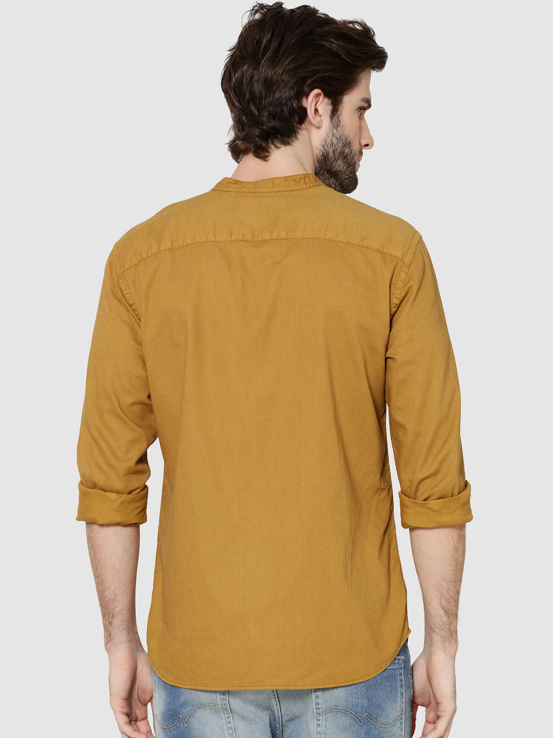 Mustard Mandarin Collar Full Sleeves Slim Fit Shirt