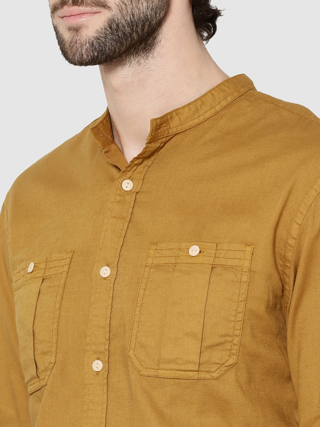 Mustard Mandarin Collar Full Sleeves Slim Fit Shirt