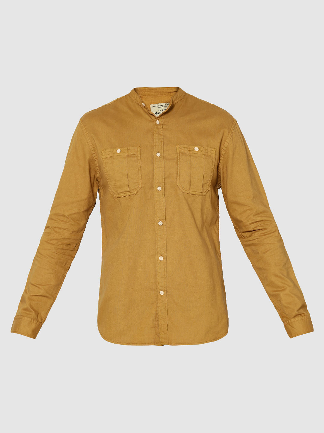 Mustard Mandarin Collar Full Sleeves Slim Fit Shirt