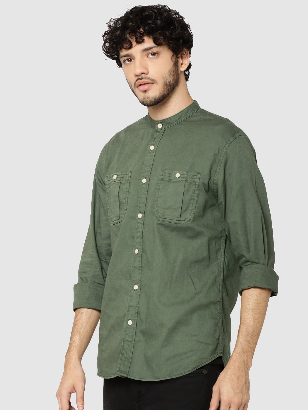 Green Mandarin Collar Full Sleeves Slim Fit Shirt