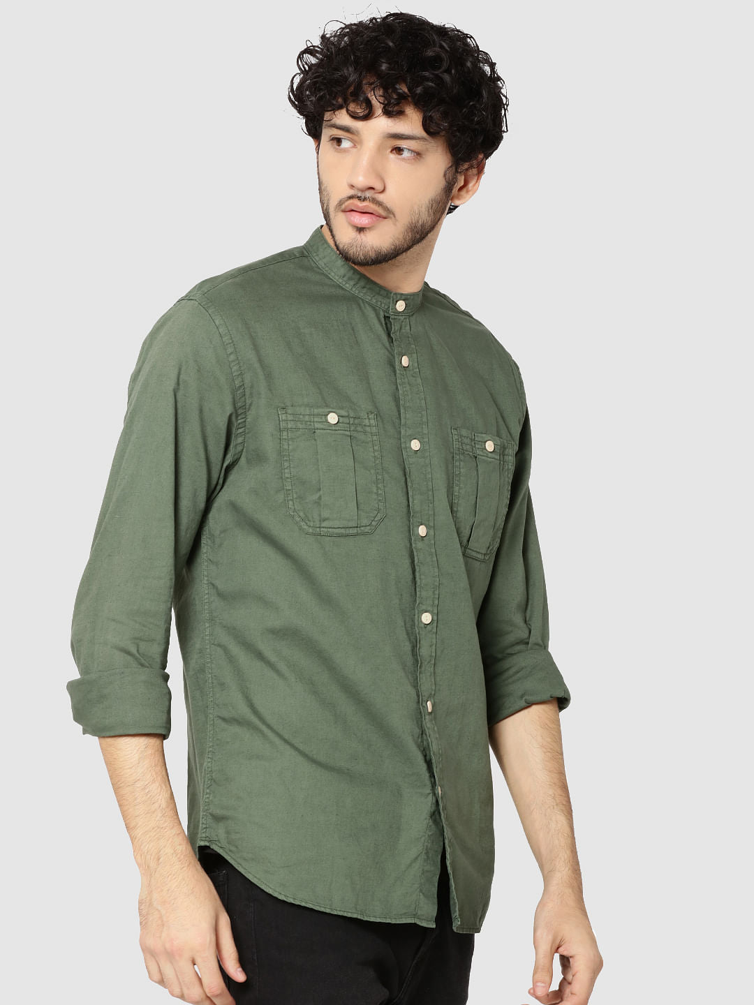 Green Mandarin Collar Full Sleeves Slim Fit Shirt