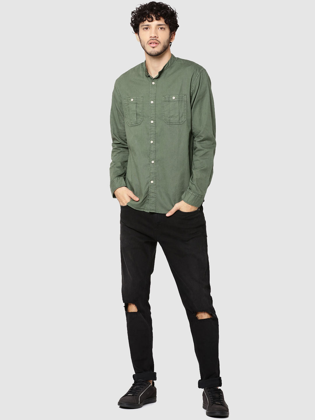 Green Mandarin Collar Full Sleeves Slim Fit Shirt