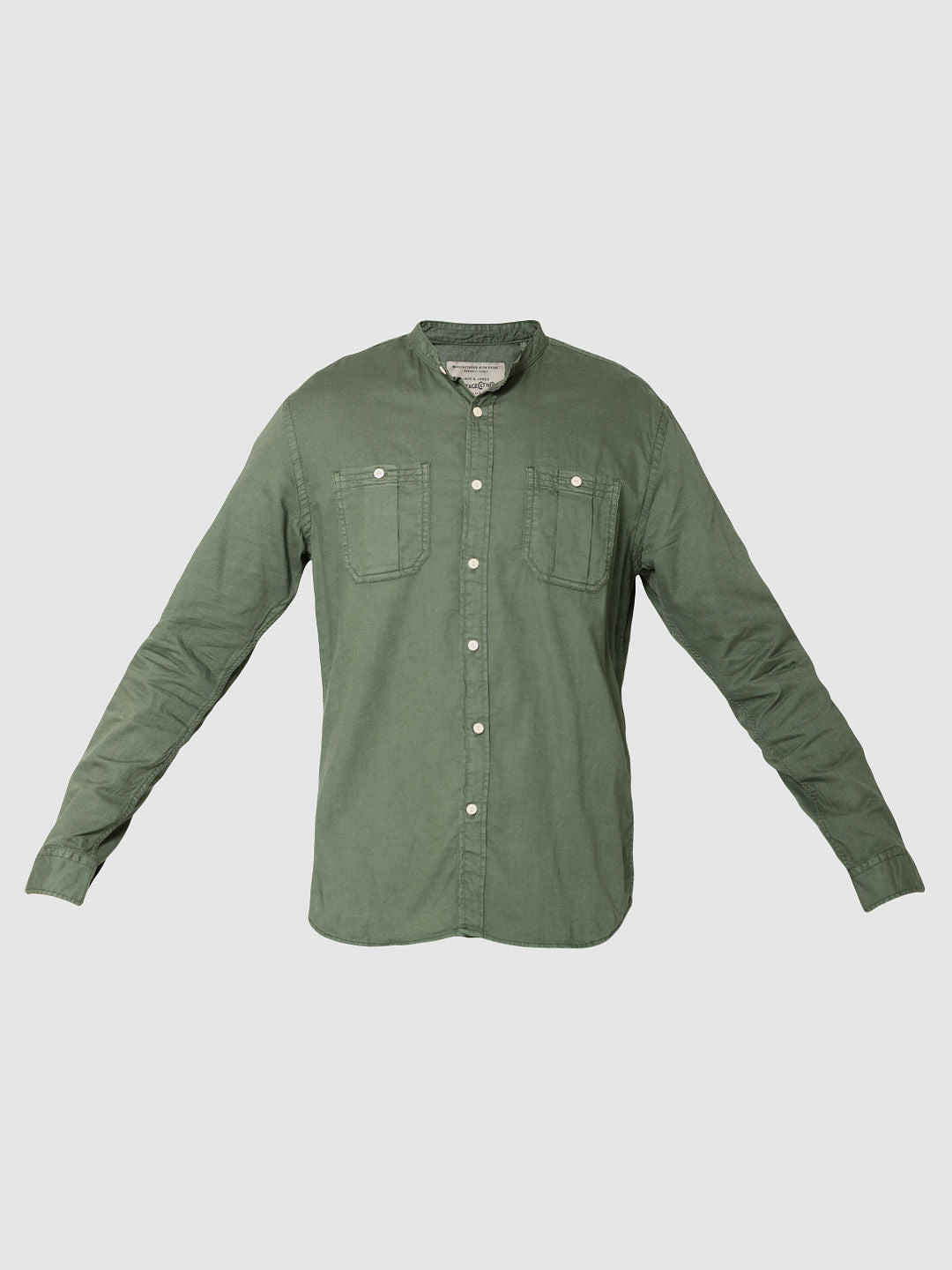 Green Mandarin Collar Full Sleeves Slim Fit Shirt