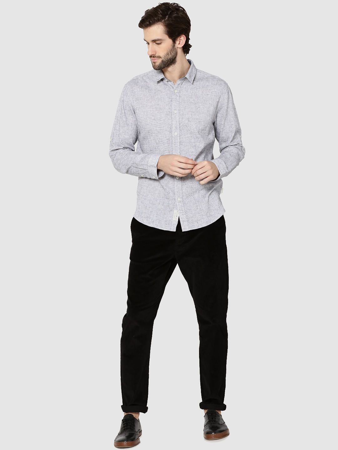 Grey Dobby Full Sleeves Slim Fit Shirt
