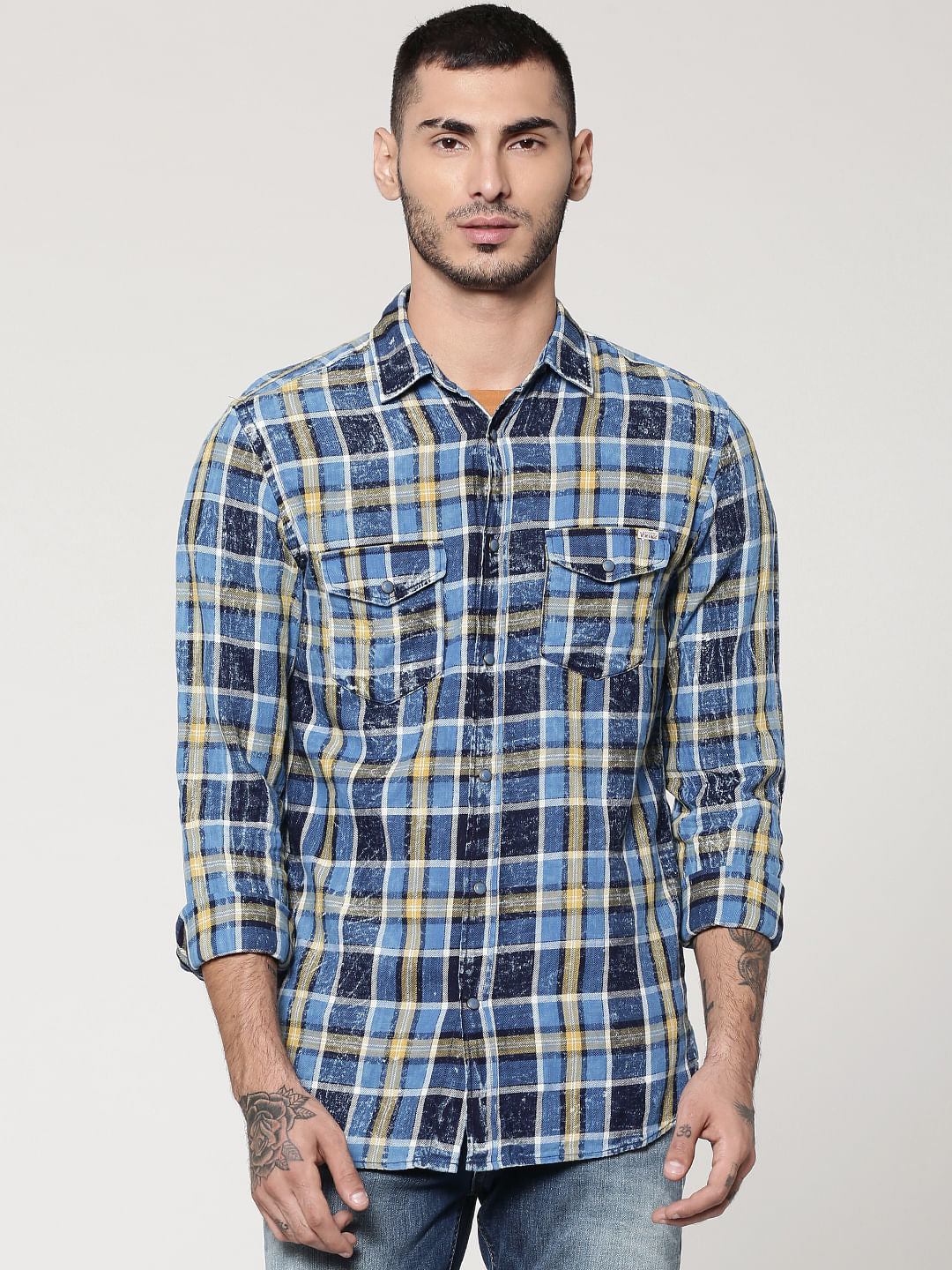 Blue & Yellow Full Sleeves Check Shirt