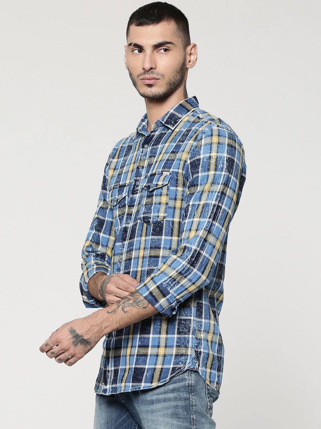 Blue & Yellow Full Sleeves Check Shirt