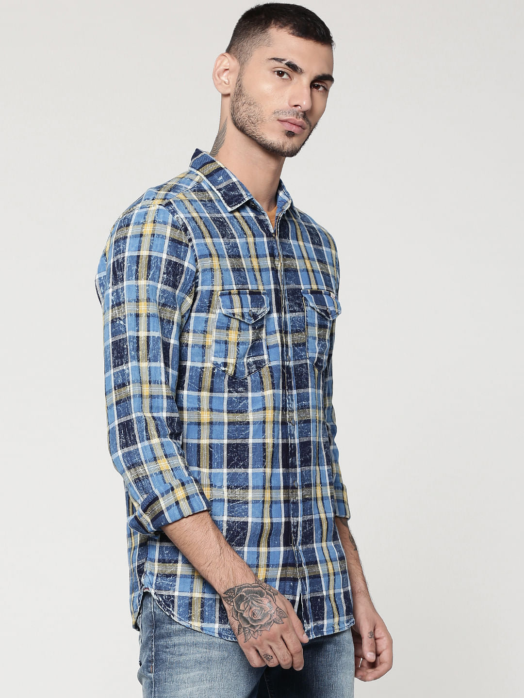 Blue & Yellow Full Sleeves Check Shirt