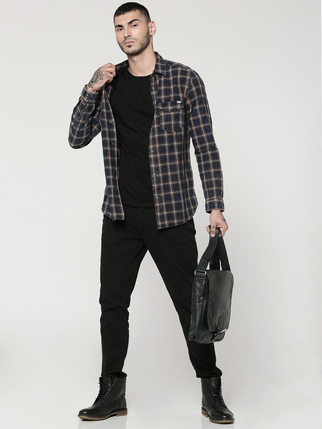 Dark Blue & Brown Full Sleeves Check Shirt
