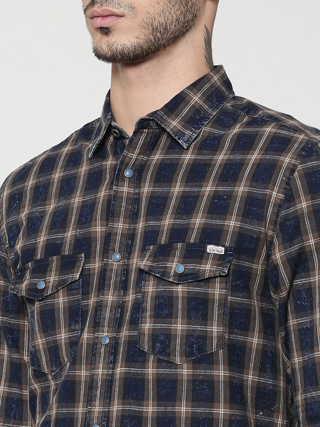 Dark Blue & Brown Full Sleeves Check Shirt