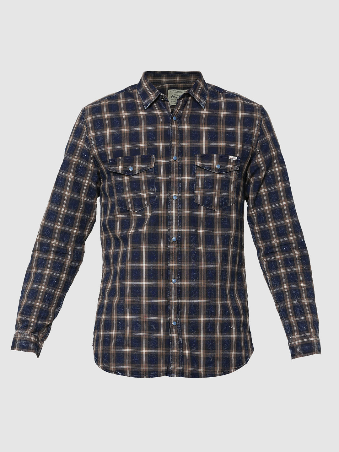 Dark Blue & Brown Full Sleeves Check Shirt