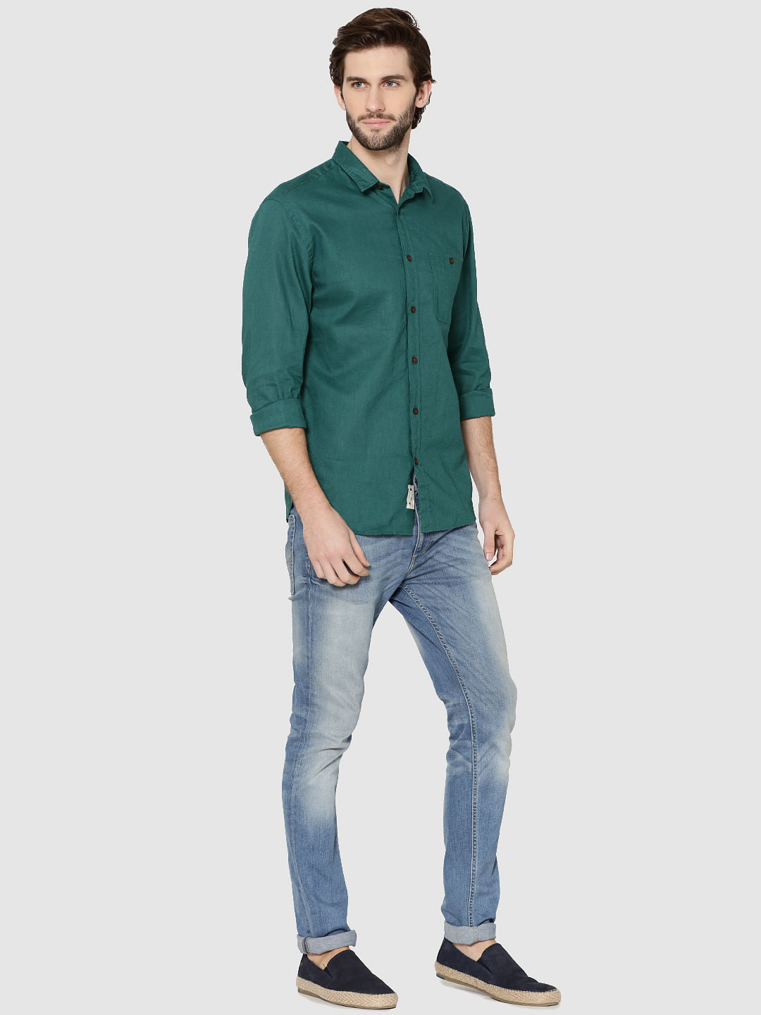 Green One Pocket Full Sleeves Slim Fit Shirt