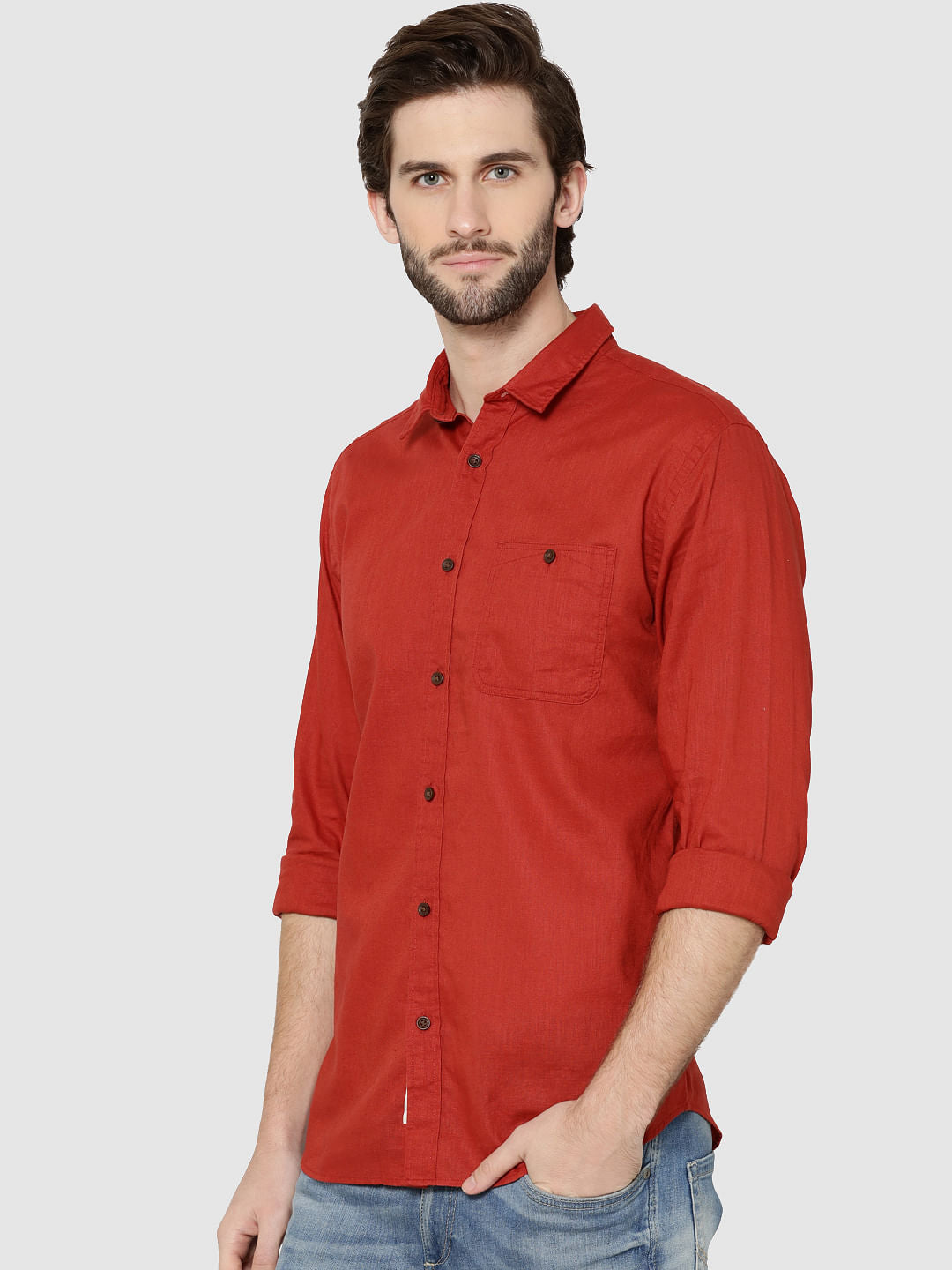 Red One Pocket Full Sleeves Slim Fit Shirt