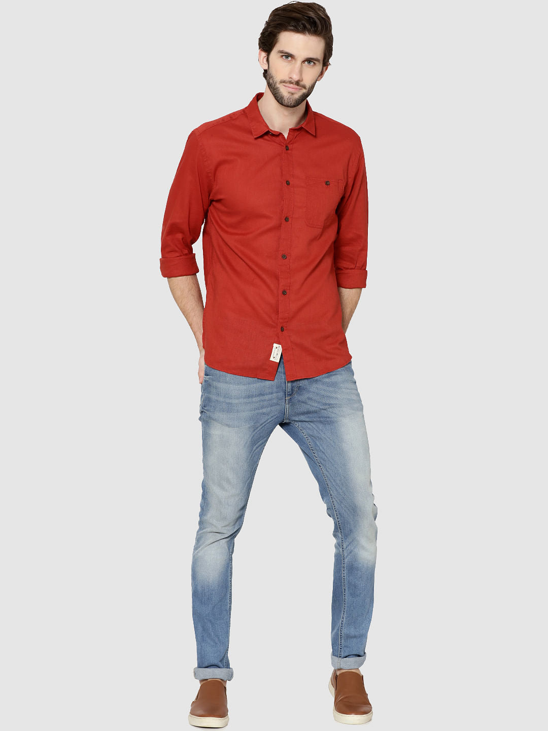 Red One Pocket Full Sleeves Slim Fit Shirt