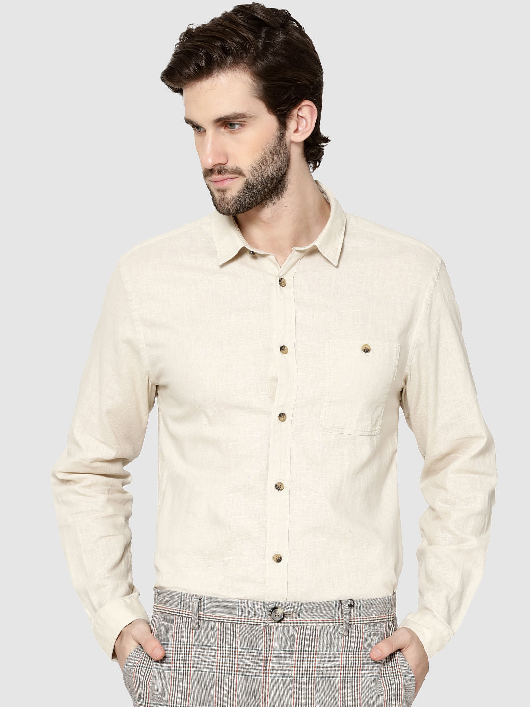 Beige One Pocket Full Sleeves Slim Fit Shirt