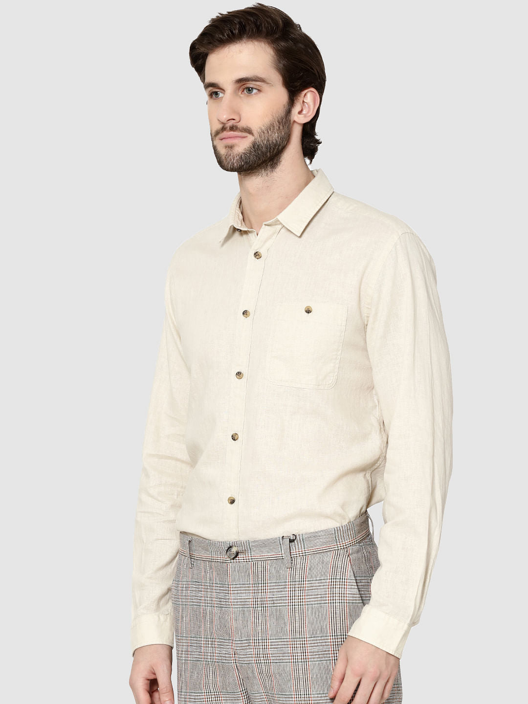 Beige One Pocket Full Sleeves Slim Fit Shirt