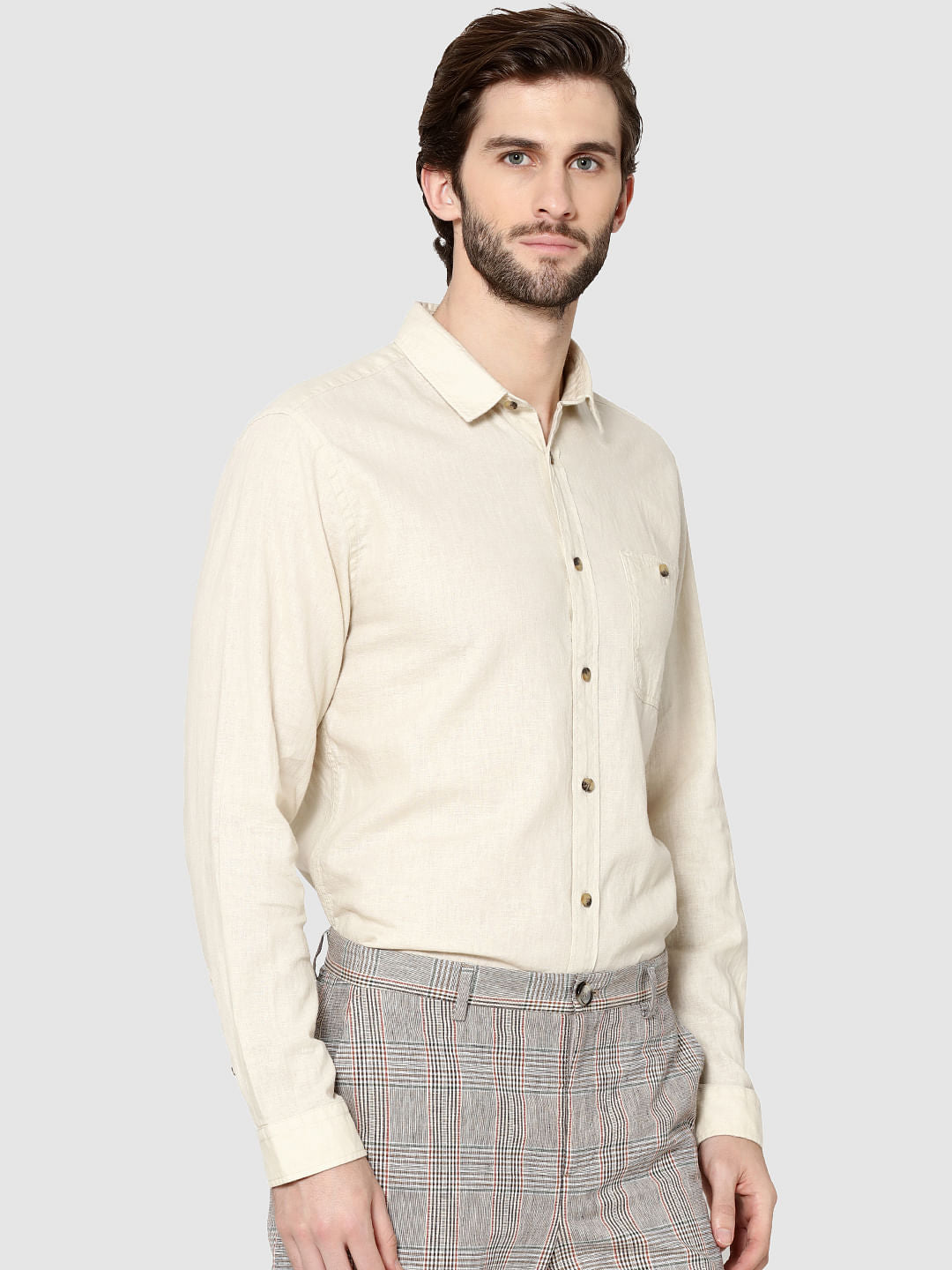 Beige One Pocket Full Sleeves Slim Fit Shirt