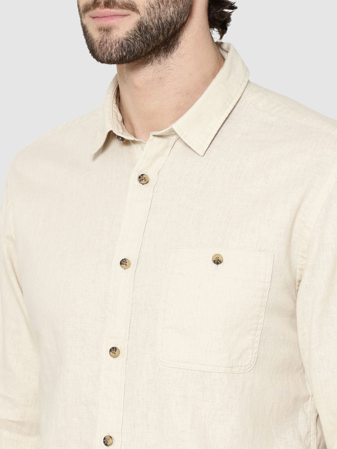 Beige One Pocket Full Sleeves Slim Fit Shirt
