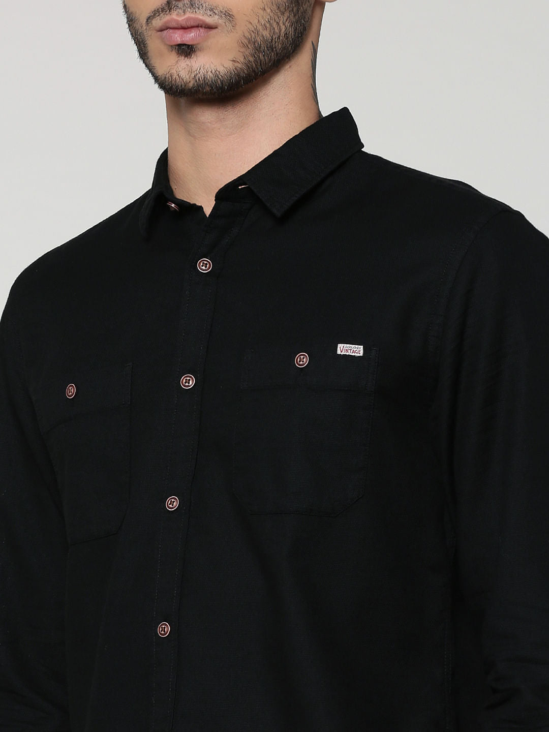 Black Two Patch Pocket Full Sleeves Slim Fit Shirt