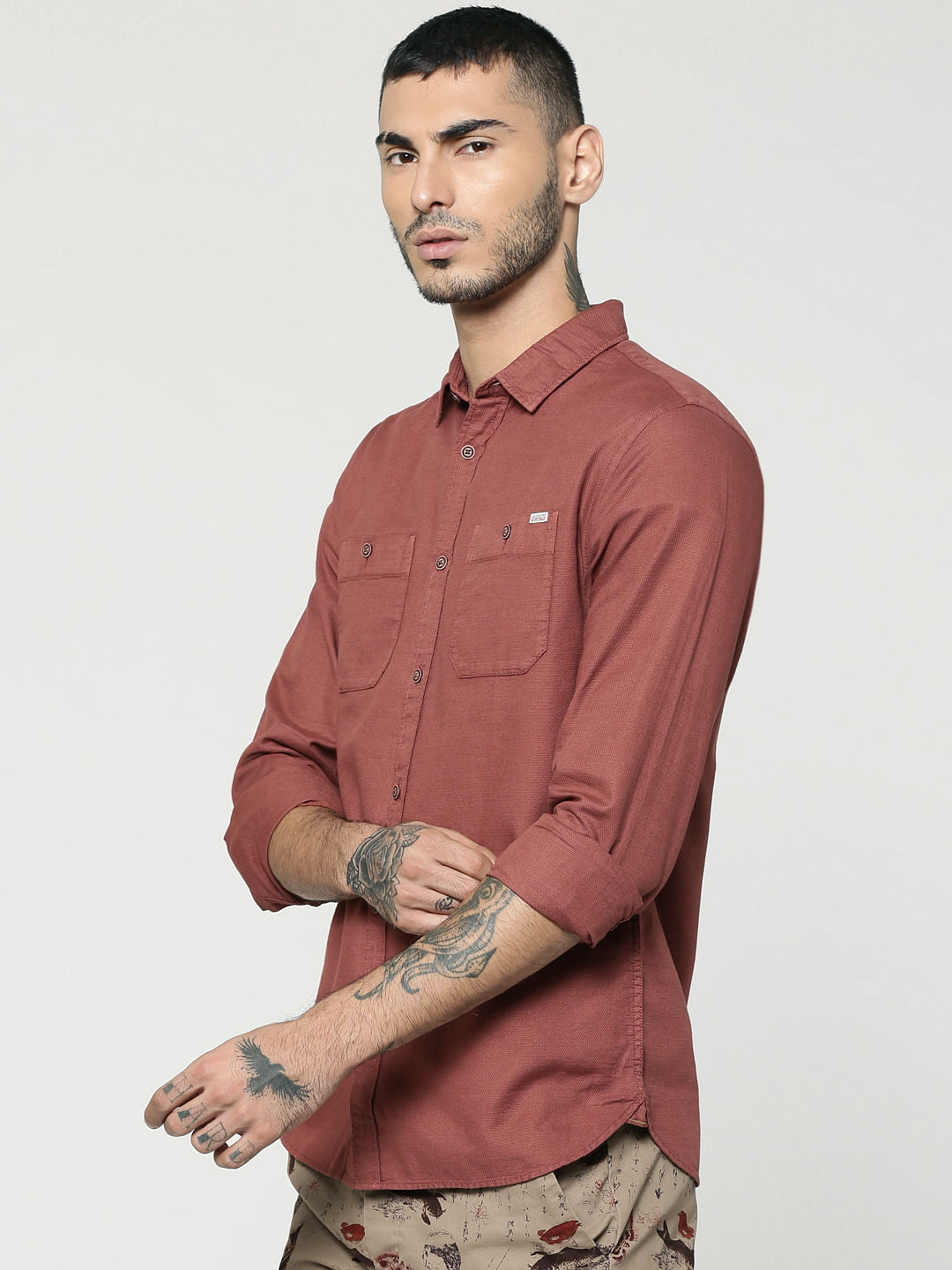 Red Two Patch Pocket Full Sleeves Slim Fit Shirt