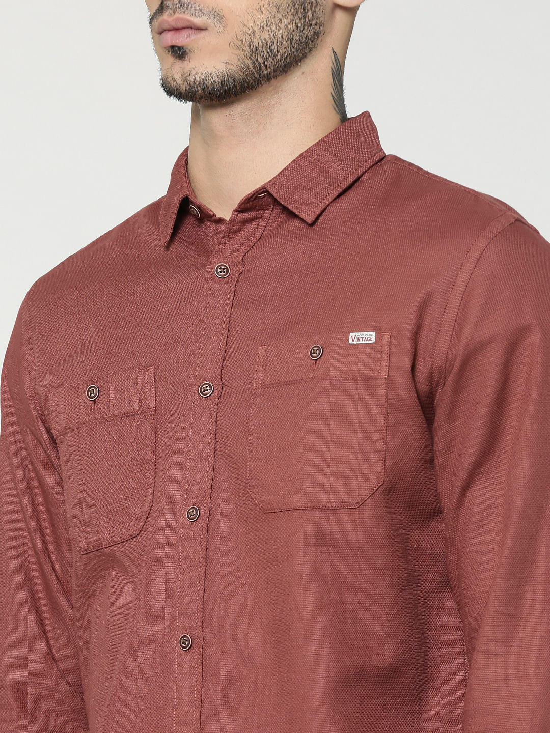 Red Two Patch Pocket Full Sleeves Slim Fit Shirt