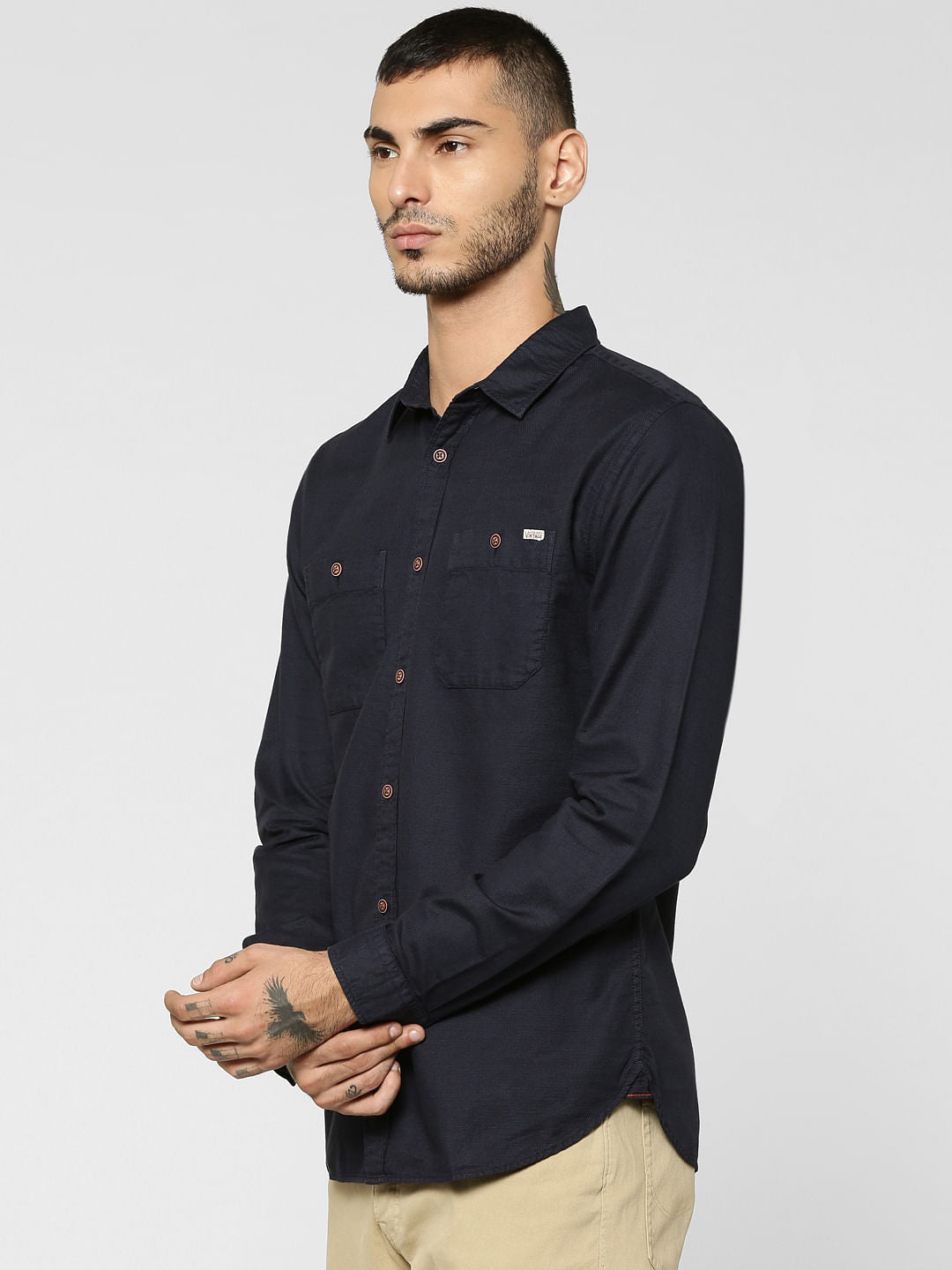 Dark Blue Two Patch Pocket Full Sleeves Slim Fit Shirt