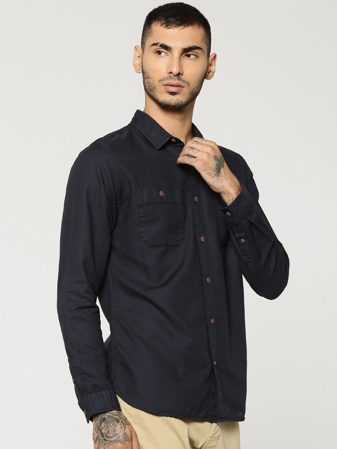 Dark Blue Two Patch Pocket Full Sleeves Slim Fit Shirt