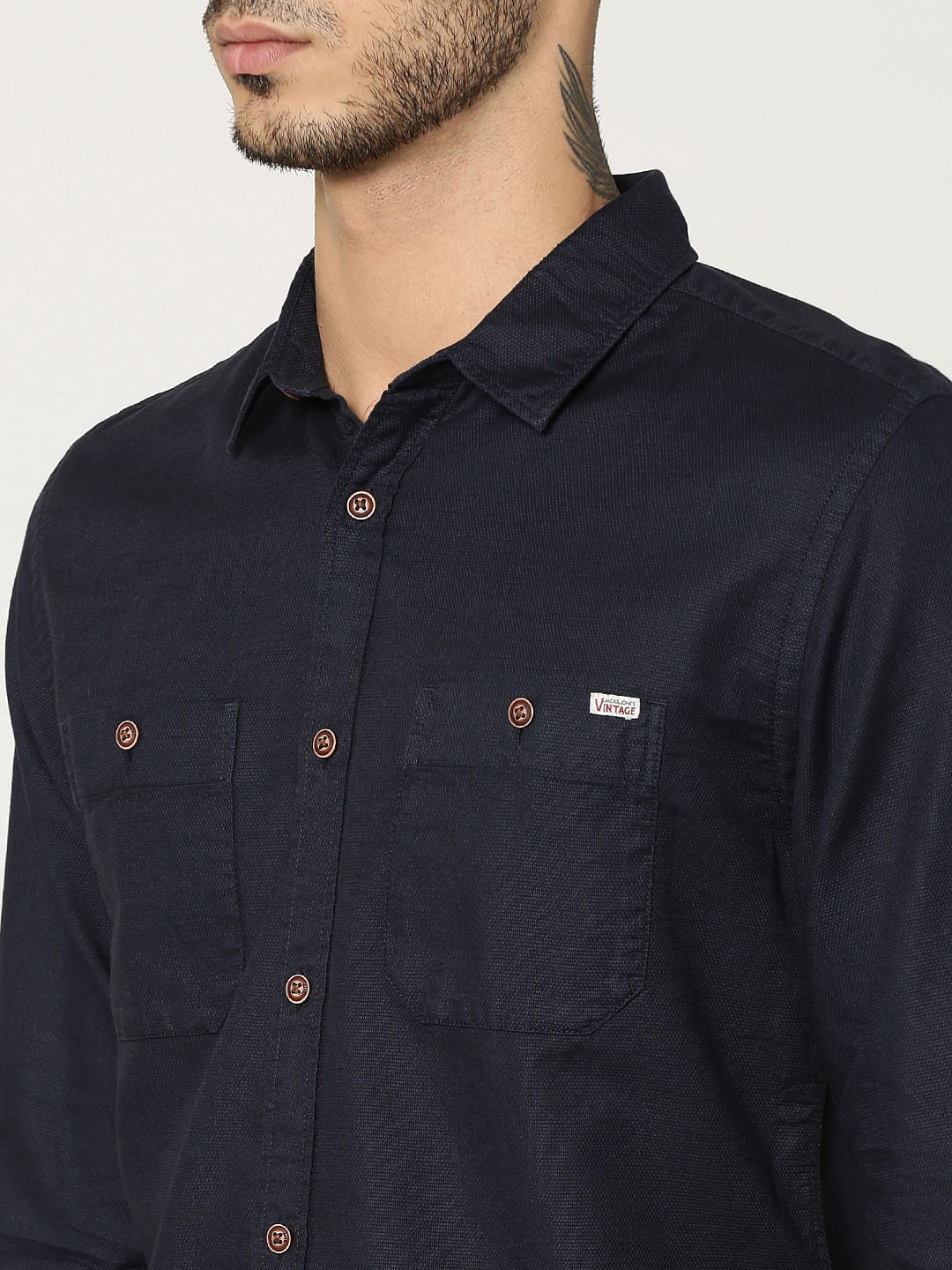 Dark Blue Two Patch Pocket Full Sleeves Slim Fit Shirt