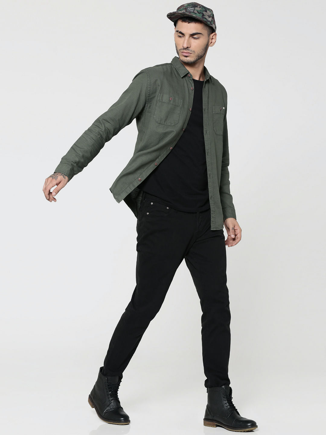 Green Two Patch Pocket Full Sleeves Slim Fit Shirt