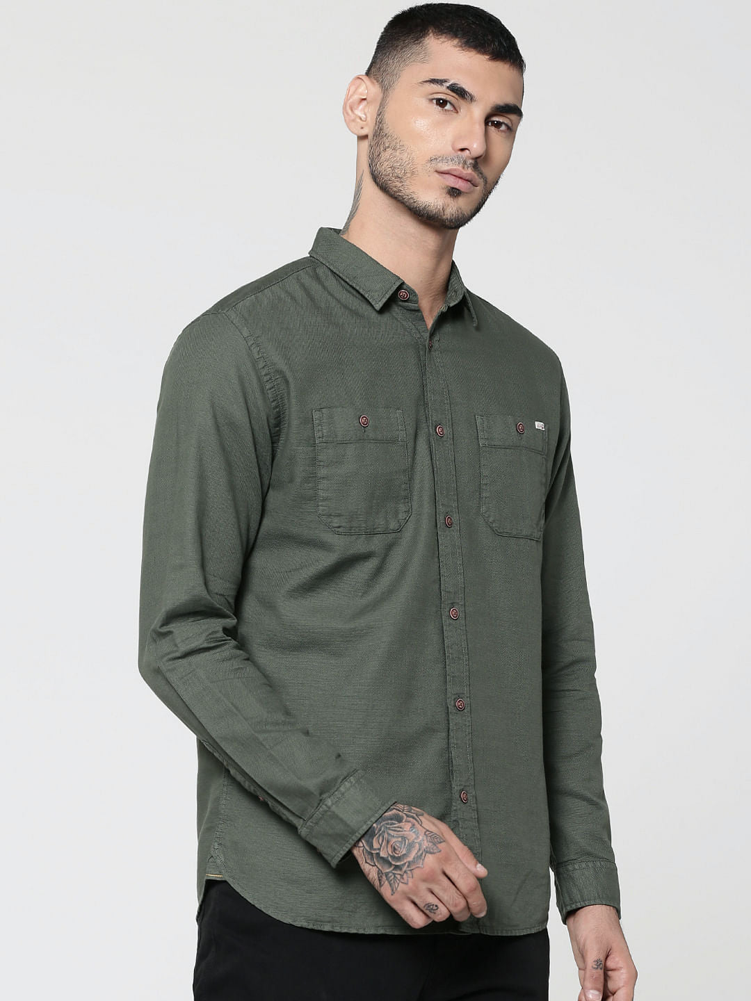 Green Two Patch Pocket Full Sleeves Slim Fit Shirt