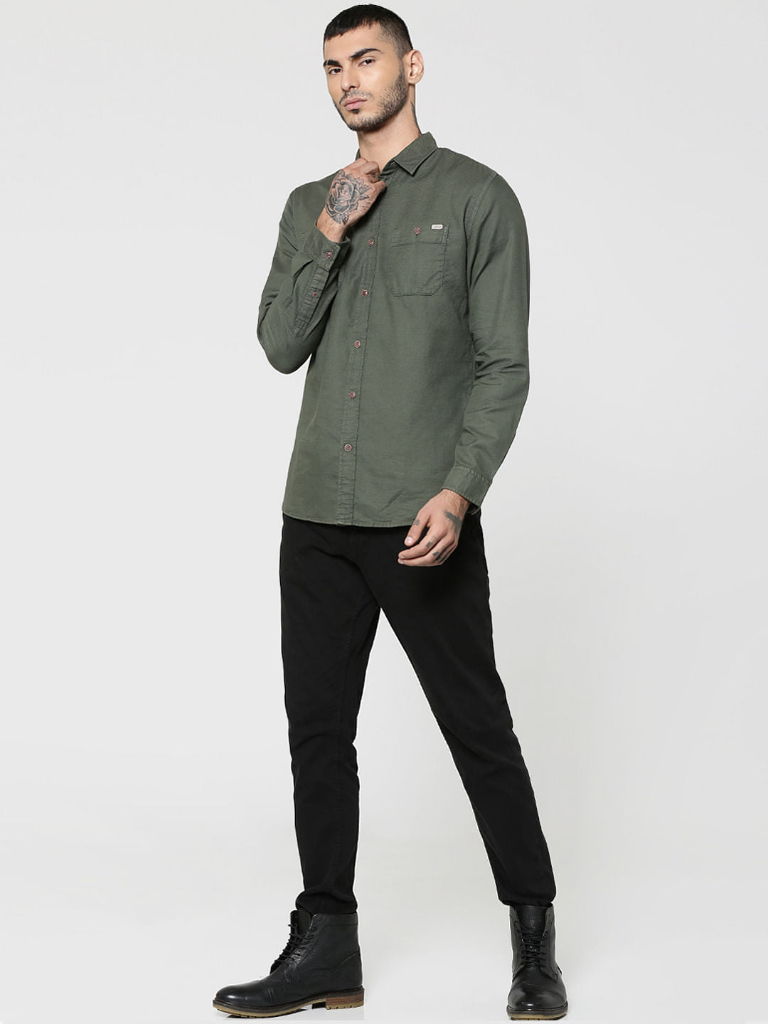 Green Two Patch Pocket Full Sleeves Slim Fit Shirt