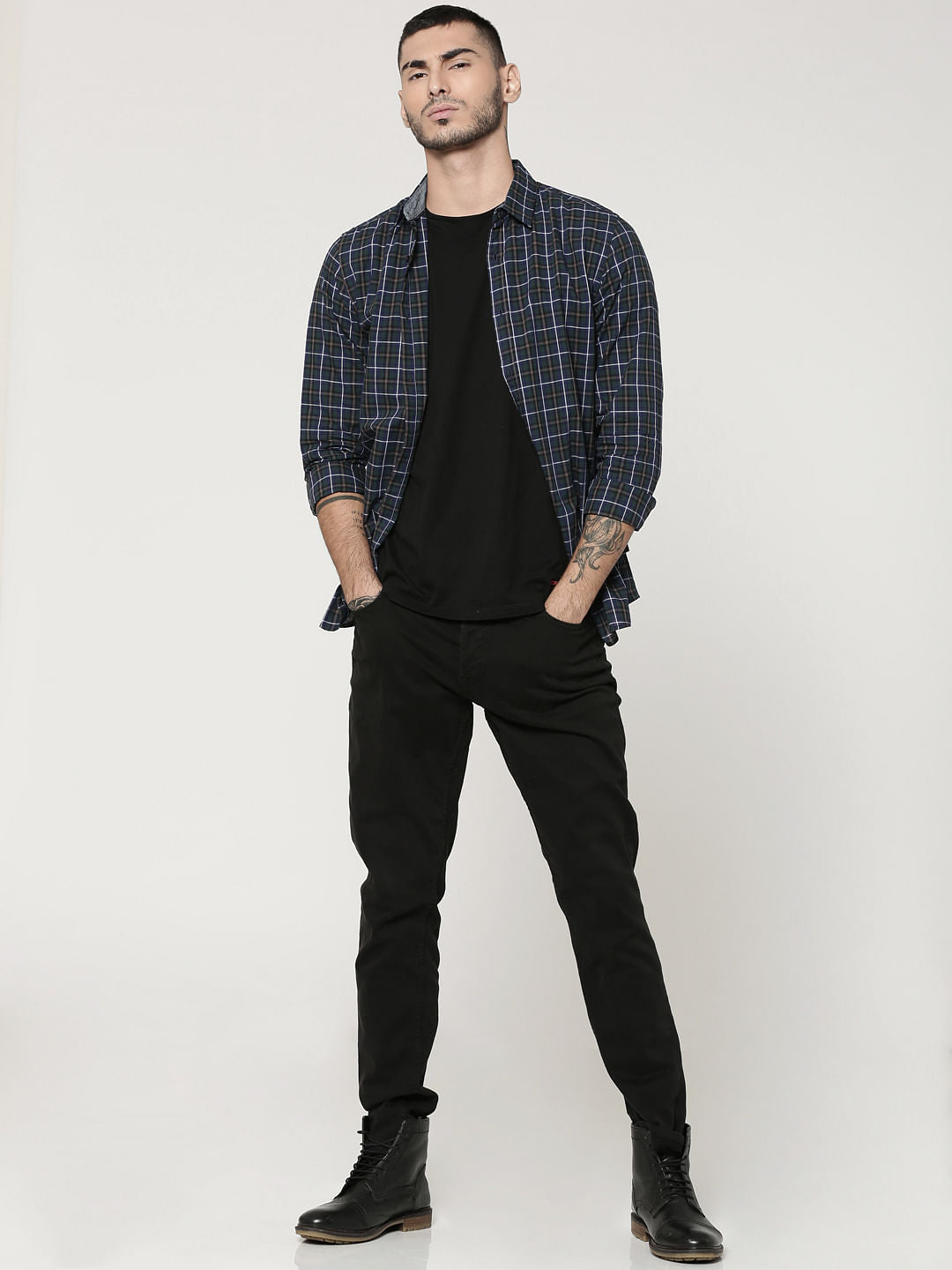 Dark Blue Full Sleeves Check Shirt