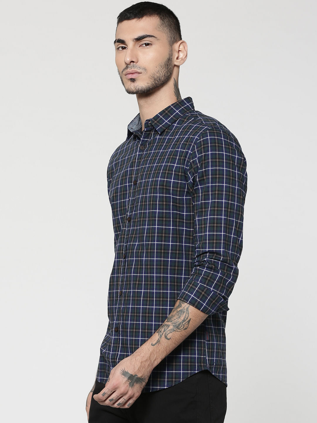 Dark Blue Full Sleeves Check Shirt