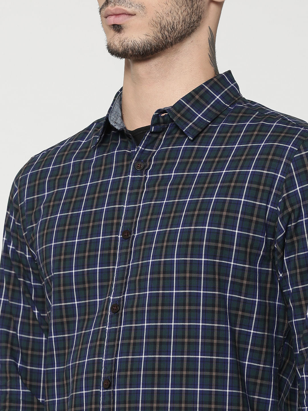 Dark Blue Full Sleeves Check Shirt