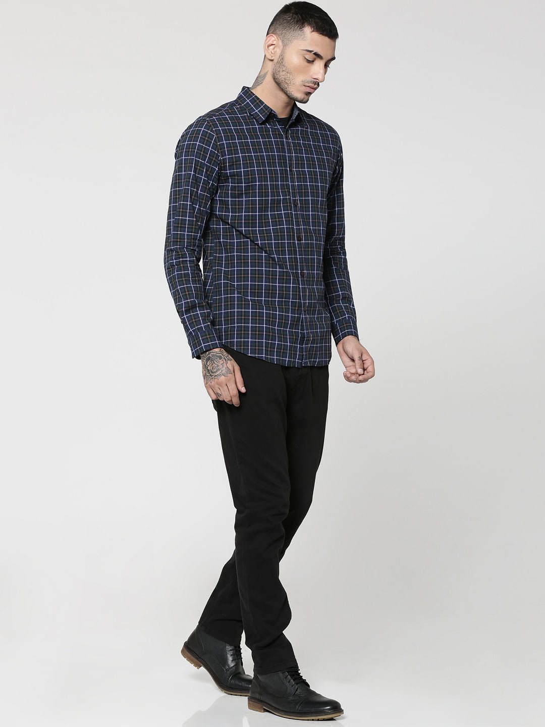 Dark Blue Full Sleeves Check Shirt