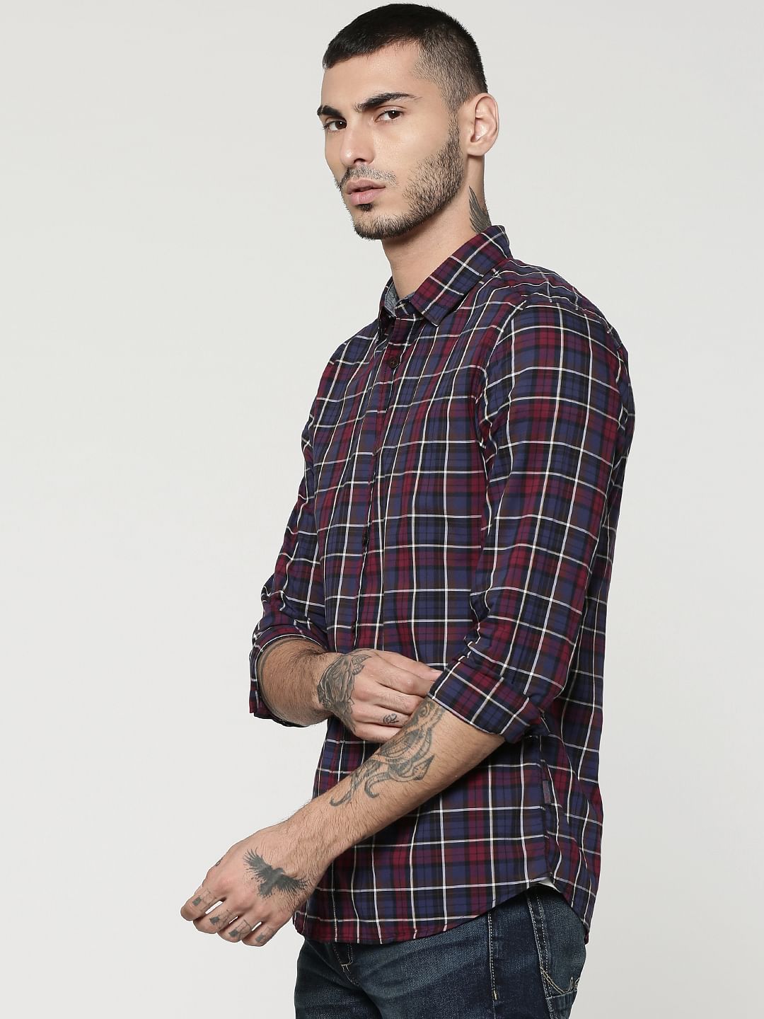 Blue & Burgundy Full Sleeves Check Shirt
