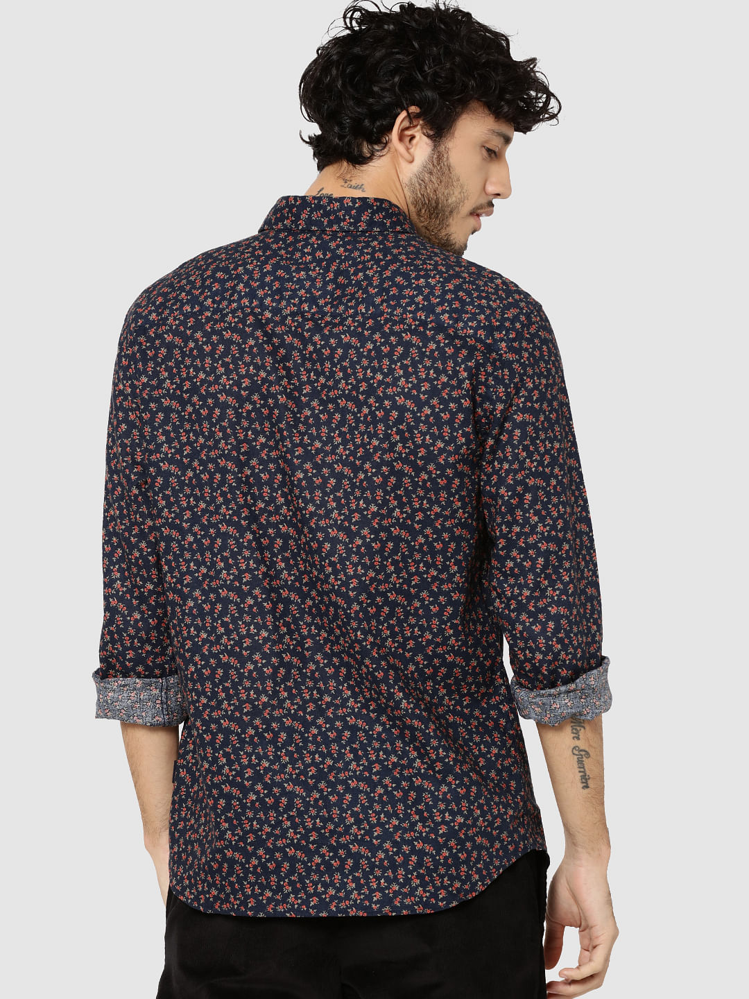 Dark Blue All Over Floral Print Full Sleeves Shirt