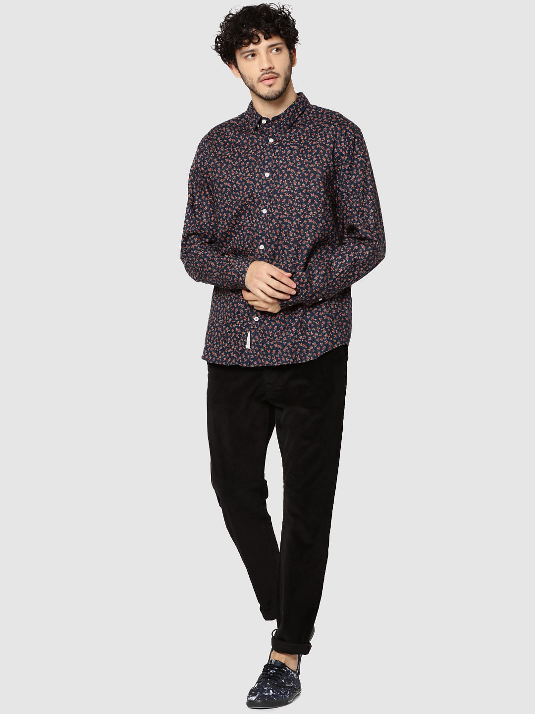 Dark Blue All Over Floral Print Full Sleeves Shirt