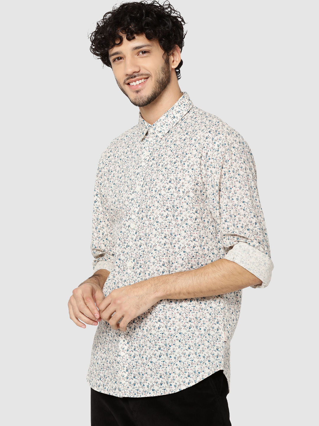 Off White All Over Floral Print Full Sleeves Shirt