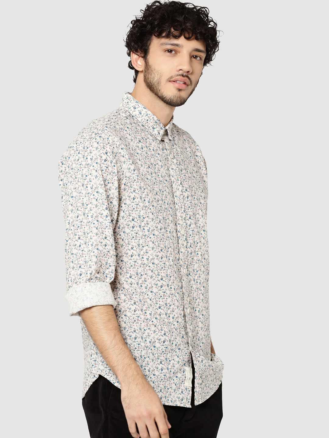 Off White All Over Floral Print Full Sleeves Shirt