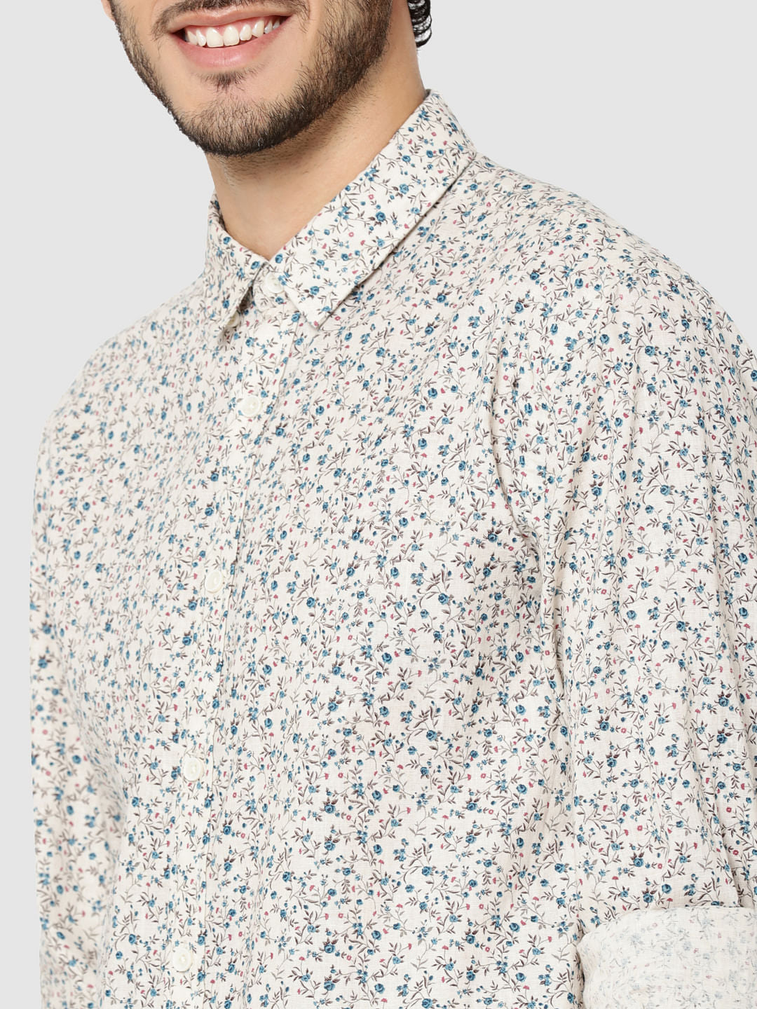 Off White All Over Floral Print Full Sleeves Shirt