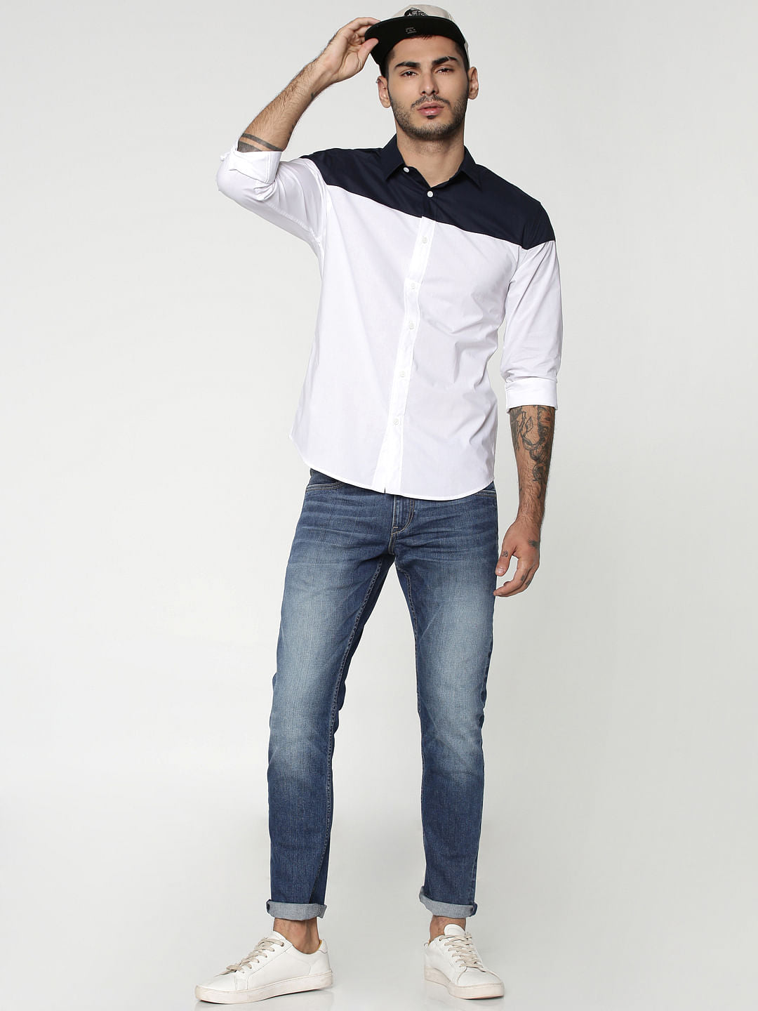 White Colourblocked Full Sleeves Shirt