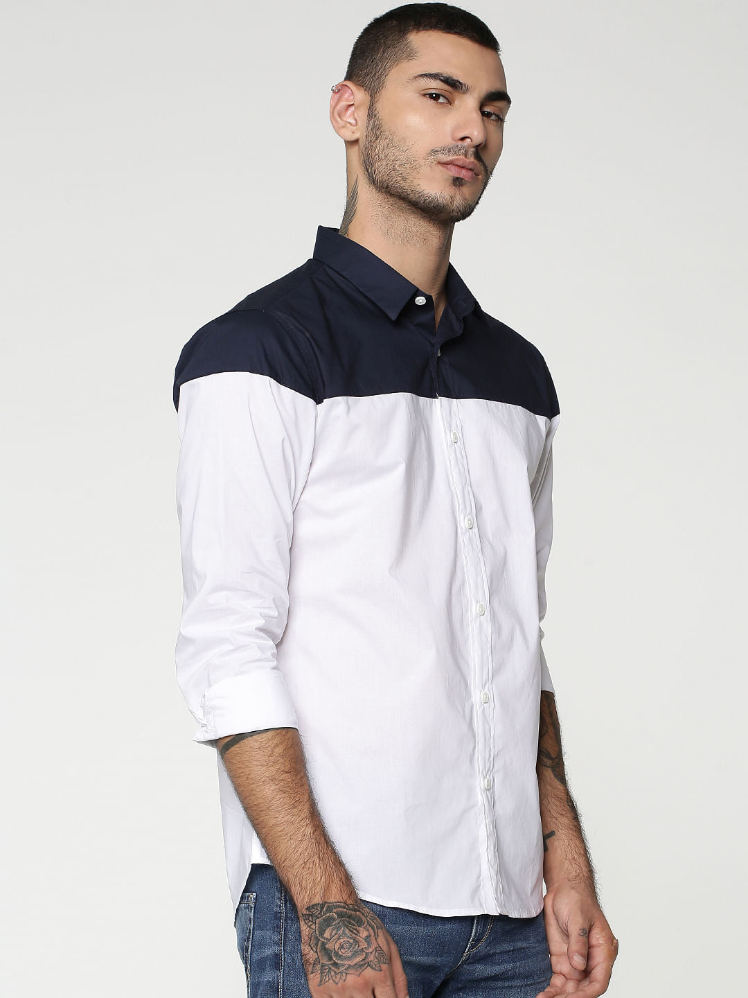 White Colourblocked Full Sleeves Shirt