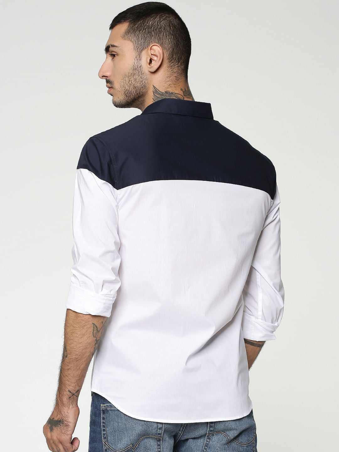 White Colourblocked Full Sleeves Shirt