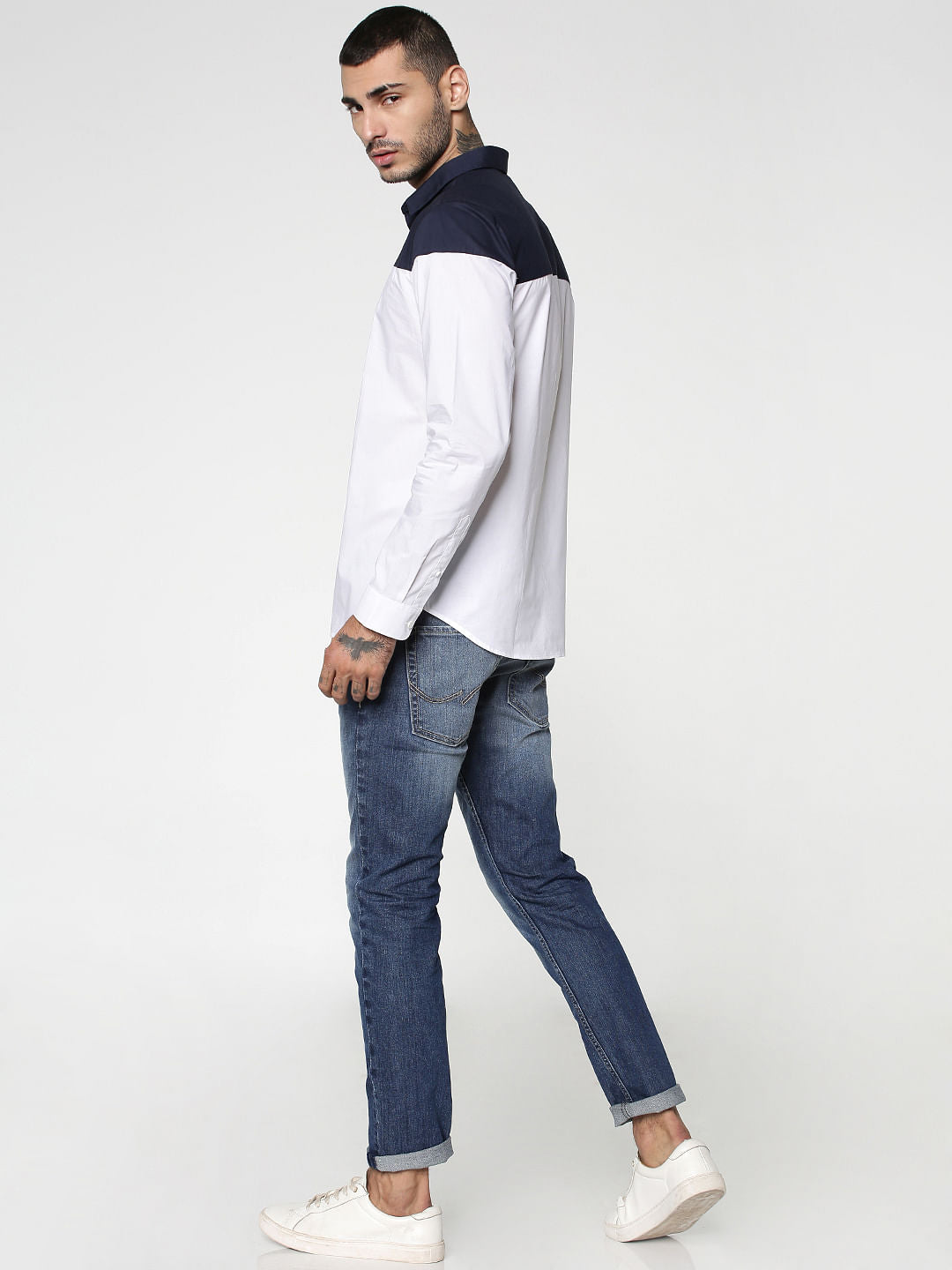 White Colourblocked Full Sleeves Shirt