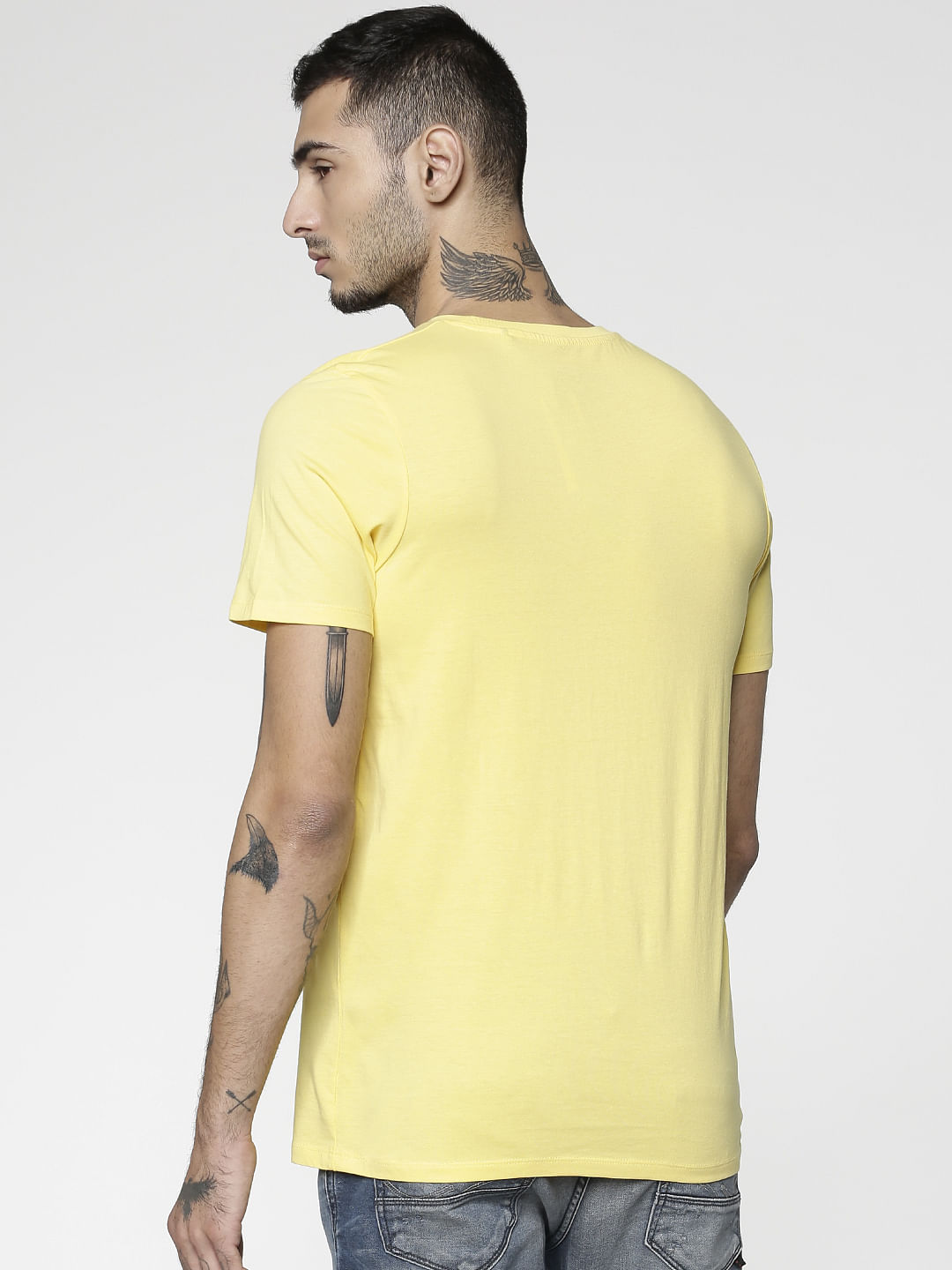 Yellow Text Print Slim Fit Crew Neck T-Shirt