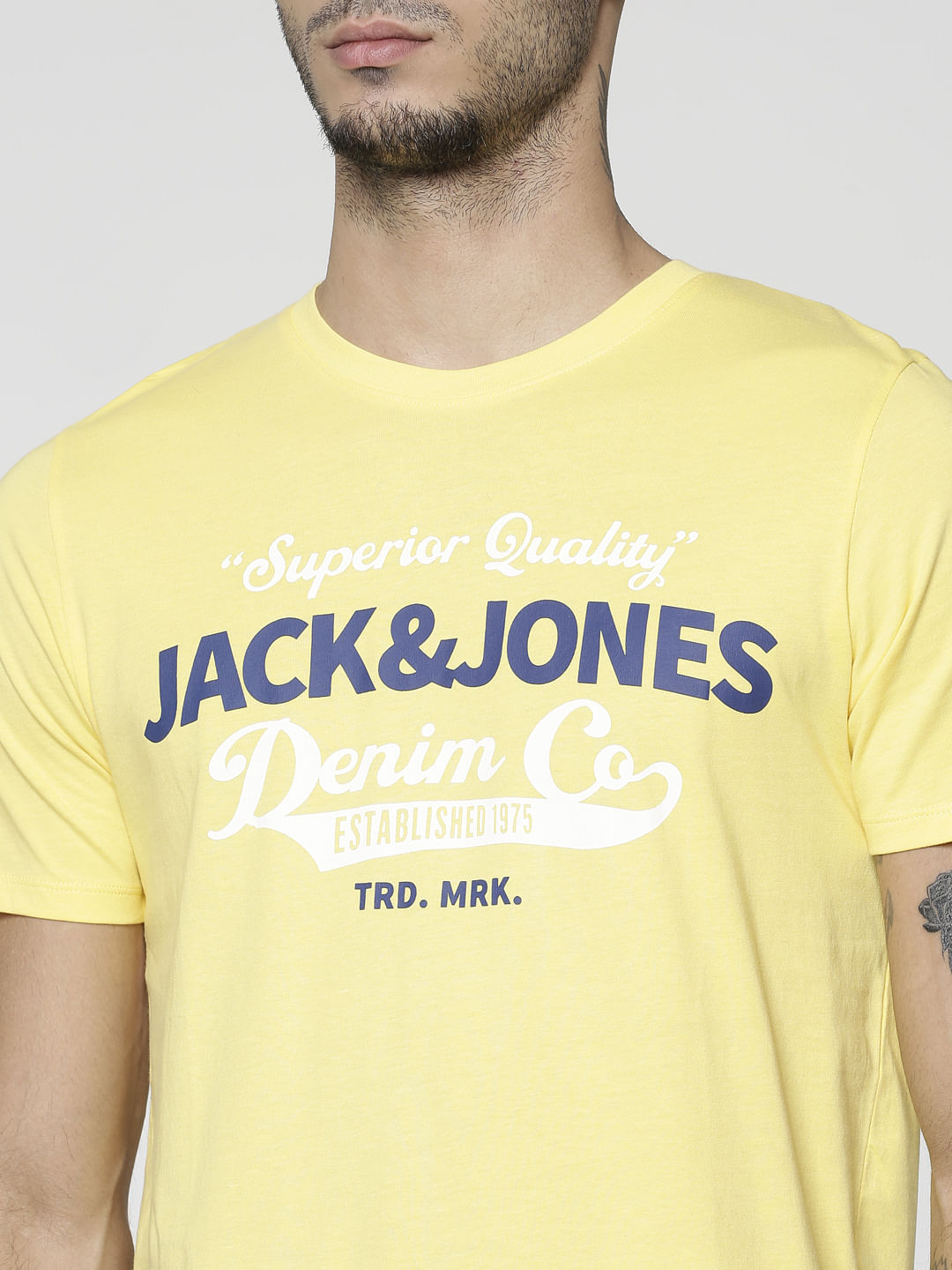 Yellow Text Print Slim Fit Crew Neck T-Shirt
