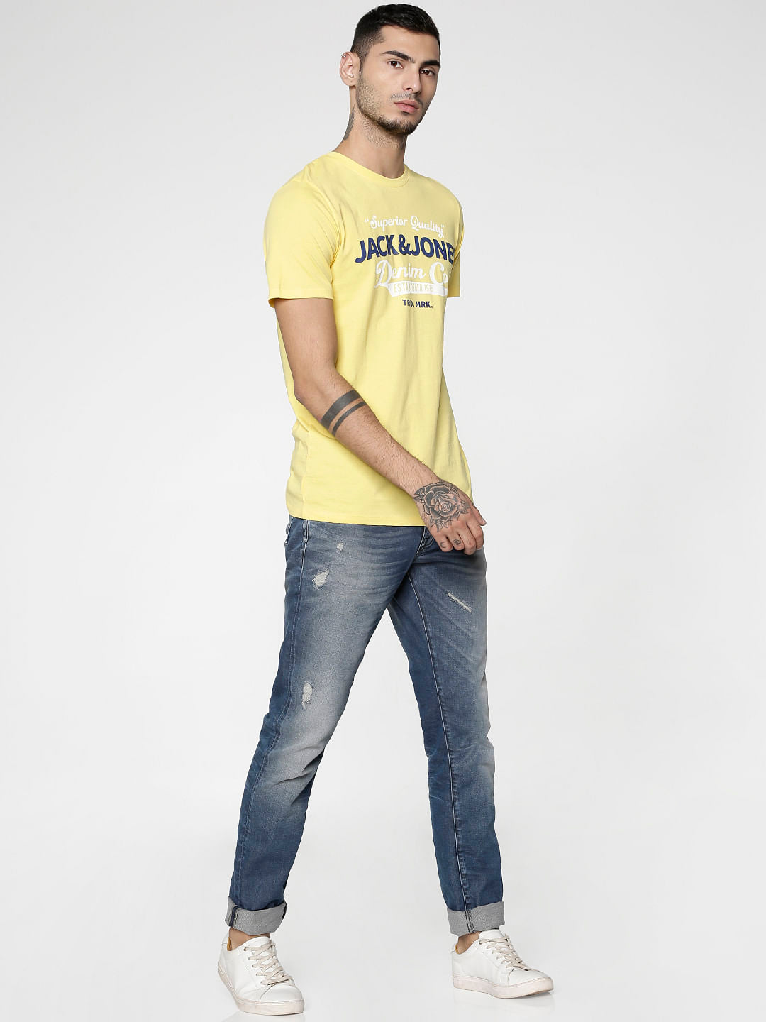 Yellow Text Print Slim Fit Crew Neck T-Shirt
