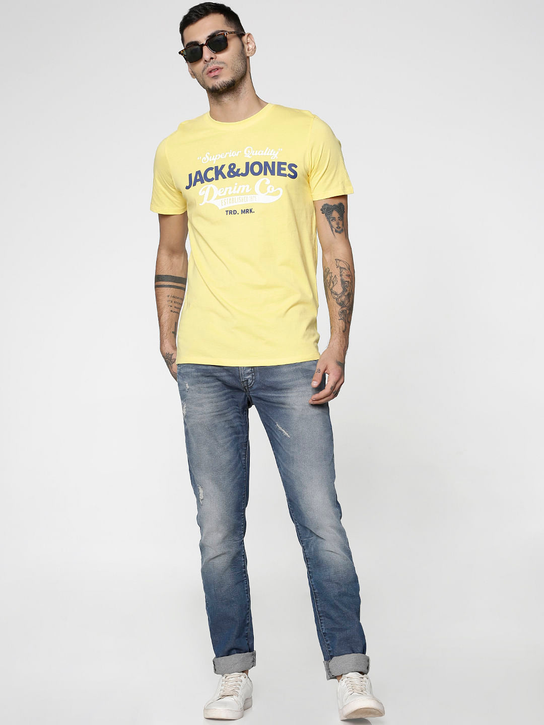 Yellow Text Print Slim Fit Crew Neck T-Shirt