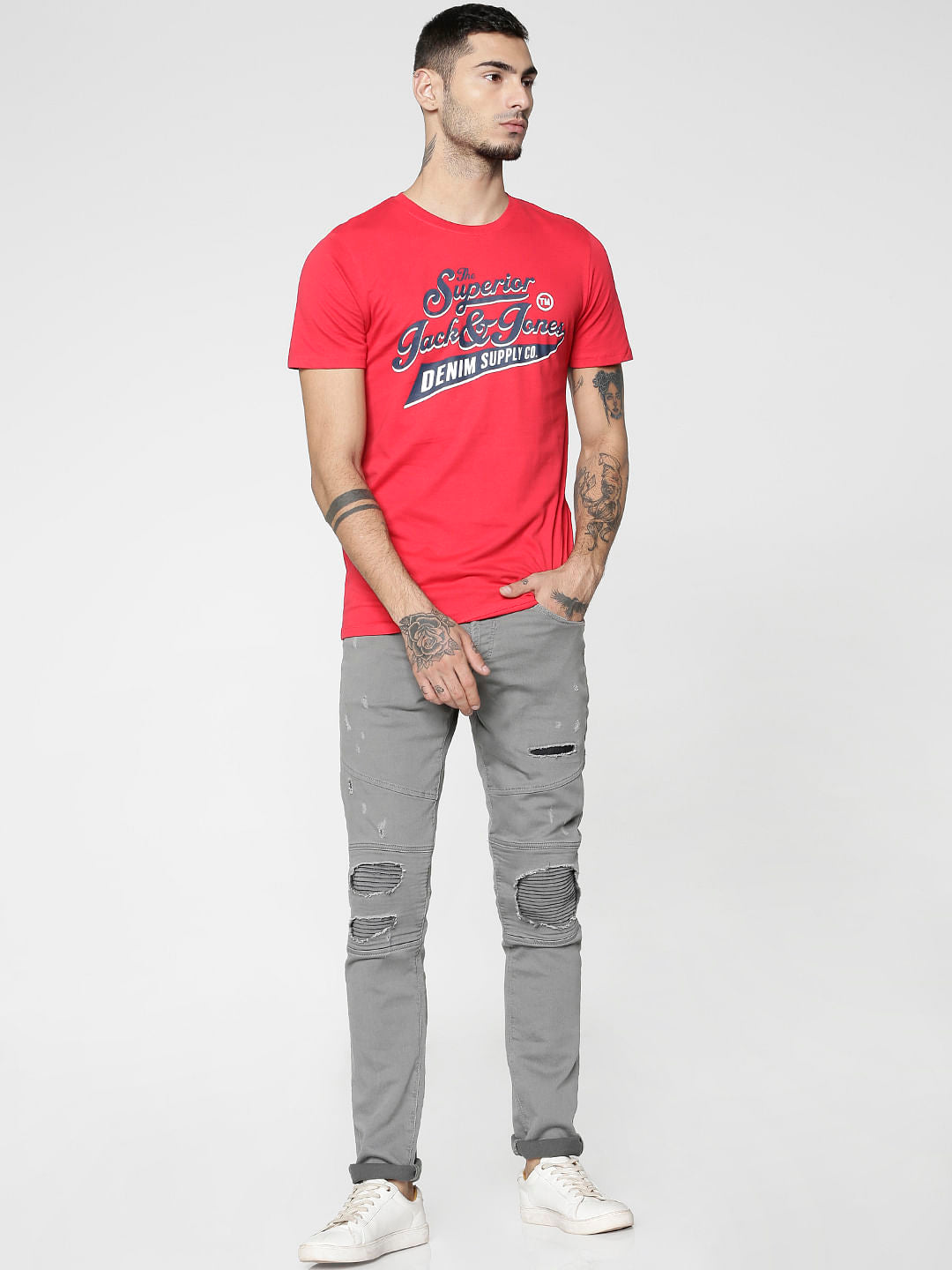 Red Text Print Slim Fit Crew Neck T-Shirt